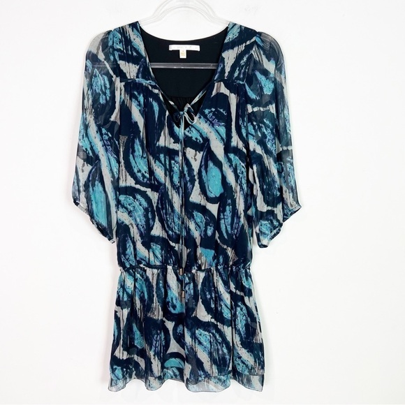 jenny nan Dresses & Skirts - JENNY HAN SILK GREEN TEAL NAVY PATTERN FIT AND FLARE MINI DRESS WOMENS SZ SMALL